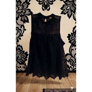 Women’s Black Lace Sleeveless Blouse Size L High Neck Sheer Floral Scalloped Hem